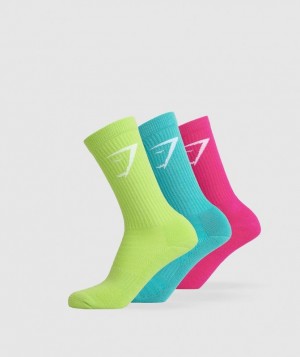 Calcetines Gymshark Crew Socks 3pk Citrus Green/Capri Blue/Bold Magenta | CUKSY5468