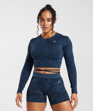 Crop Tops Gymshark Adapt Camo Seamless Acanalado Long Sleeve Crop Top Azules | BFMWS4236