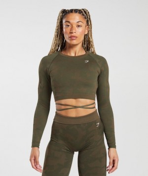 Crop Tops Gymshark Adapt Camo Seamless Acanalado Long Sleeve Crop Top Marrones | EZFOK8967