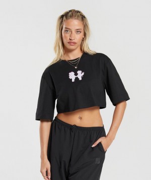 Crop Tops Gymshark Cherub Estampadas Crop Top Negras | RGJQE5187