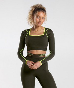 Crop Tops Gymshark Contrast Long Sleeve Crop Top Verde Oliva Verde | YODFU4612