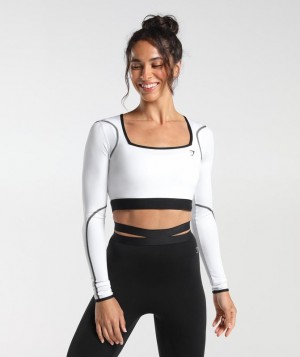 Crop Tops Gymshark Contrast Long Sleeve Crop Top Blancas | HJCXG5068