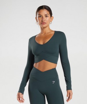 Crop Tops Gymshark Crossover Long Sleeve Crop Top Darkest Teal | OBEMS8703