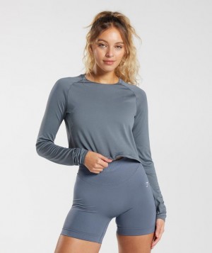 Crop Tops Gymshark Sweat Seamless Long Sleeve Crop Top Azules | ZBQLW6957