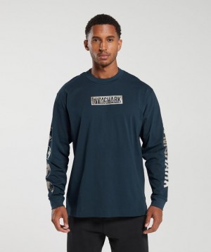 Long Sleeve Top Gymshark Global Estampadas Long Sleeve T-Shirt Azul Marino | UCZAV1863