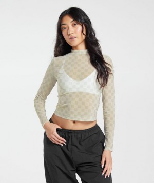 Long Sleeve Top Gymshark Monogram Mesh Long Sleeve Top Blancas | DJUHR3296