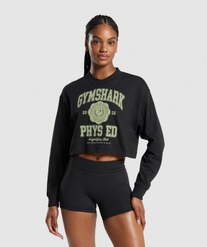 Long Sleeve Top Gymshark Phys Ed Estampadas Long Sleeve T-Shirt Negras | QXCWS1840