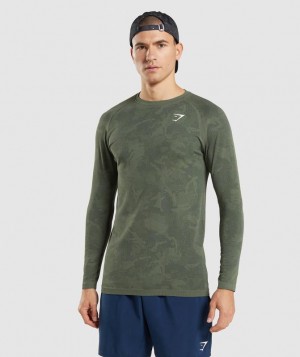 T-Shirts Gymshark Geo Seamless Long Sleeve T-Shirt Core Olive/Black | TANJU4196