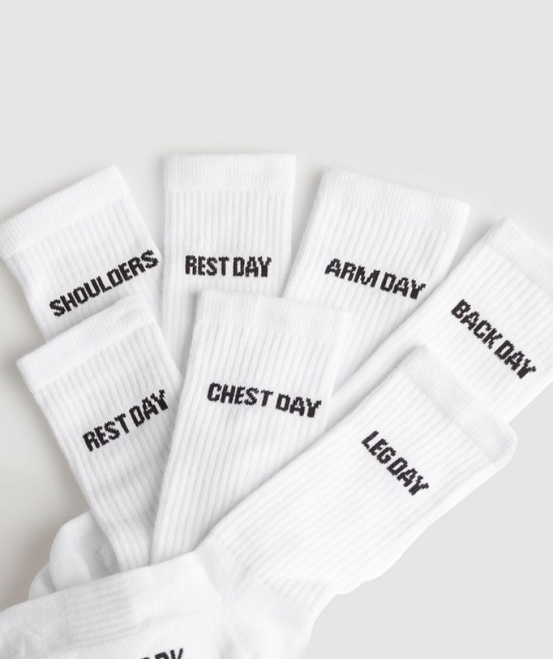 Calcetines Gymshark GFX Crew Socks 7PK Blancas | WJCUF8092