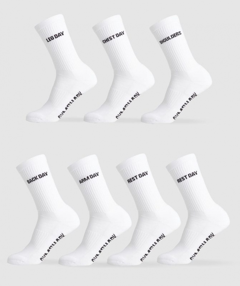 Calcetines Gymshark GFX Crew Socks 7PK Blancas | WJCUF8092