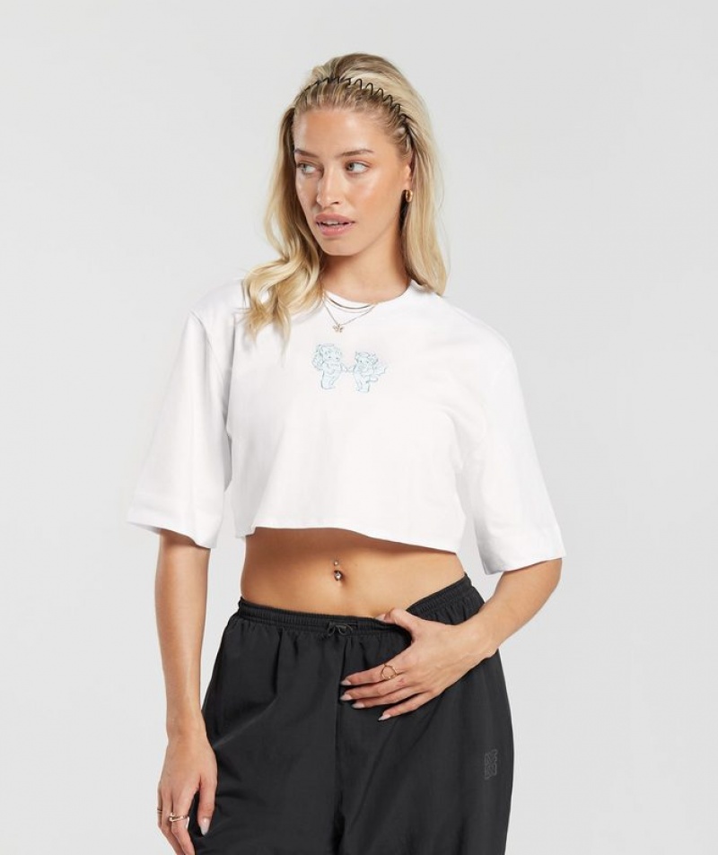 Crop Tops Gymshark Cherub Estampadas Crop Top Blancas | CSDKQ2698