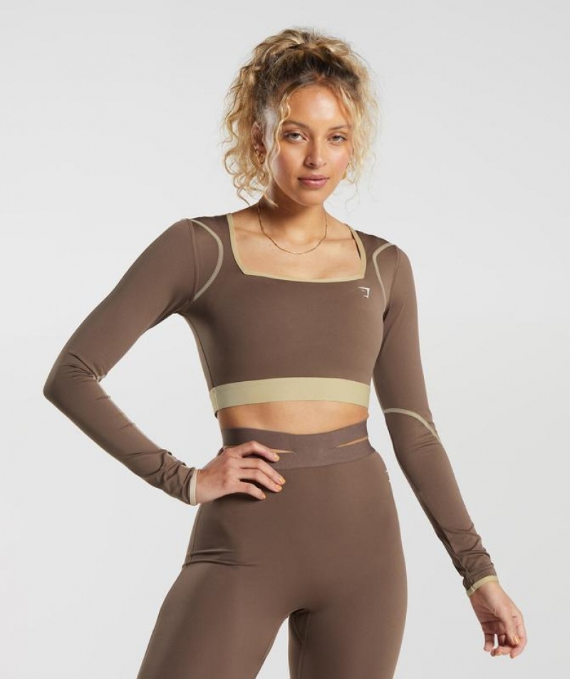 Crop Tops Gymshark Contrast Long Sleeve Crop Top Beige | BDFSL6190