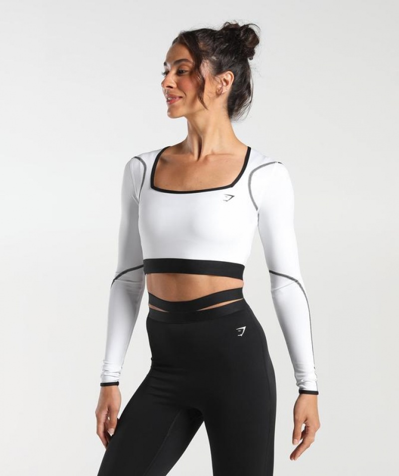 Crop Tops Gymshark Contrast Long Sleeve Crop Top Blancas | HJCXG5068