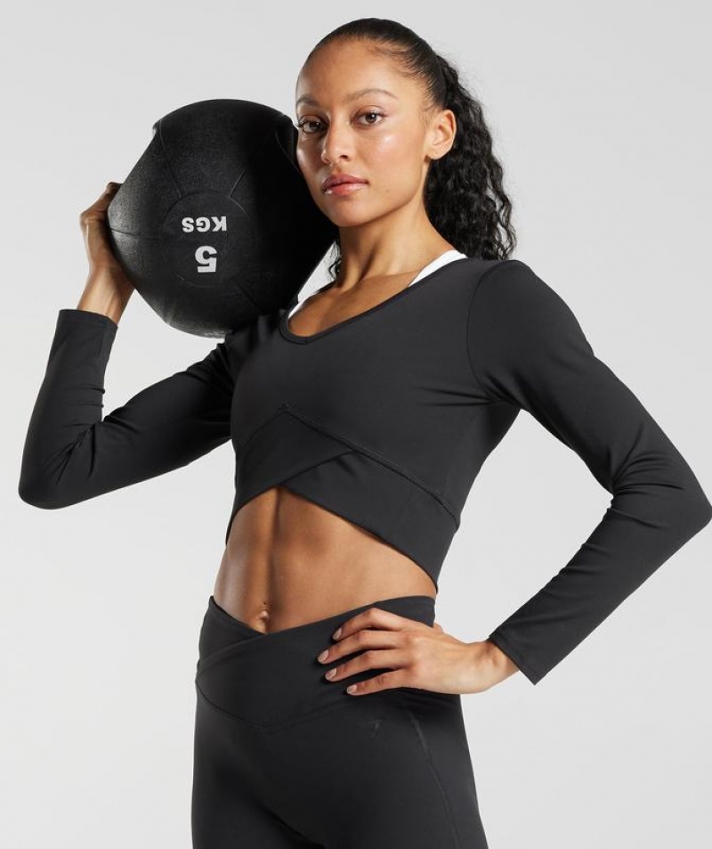 Crop Tops Gymshark Crossover Long Sleeve Crop Top Negras | ZIKPR6108