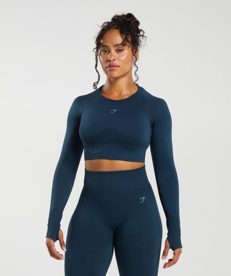 Crop Tops Gymshark Flex Long Sleeve Crop Azules | INQFB0375