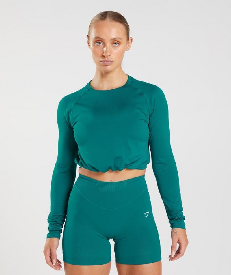 Crop Tops Gymshark Sweat Seamless Long Sleeve Crop Top Rich Teal | SCIEF6925