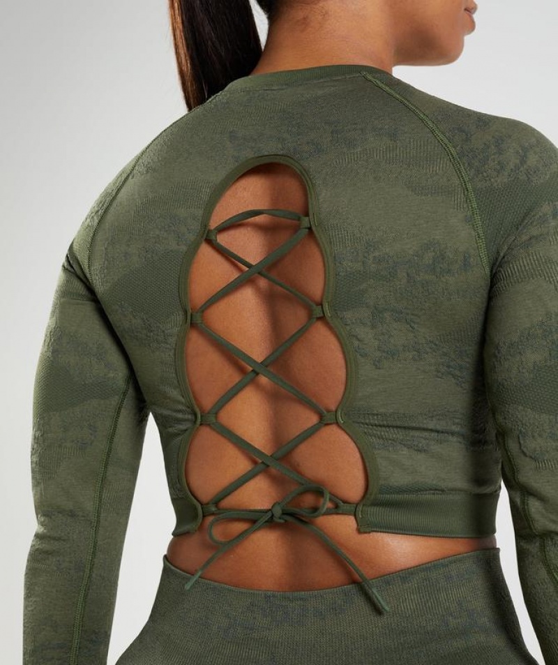 Long Sleeve Top Gymshark Adapt Camo Seamless Encaje Up Back Top Verde Oliva | WIZMX1569