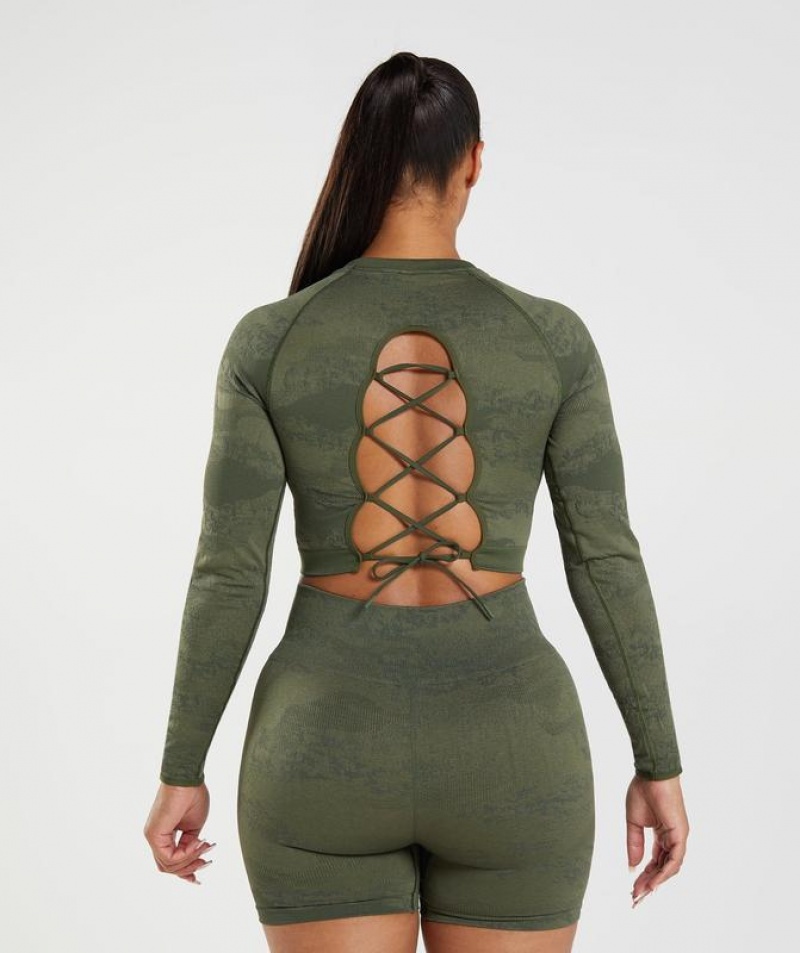 Long Sleeve Top Gymshark Adapt Camo Seamless Encaje Up Back Top Verde Oliva | WIZMX1569