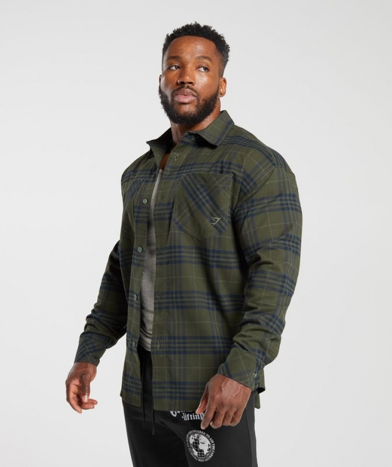 Long Sleeve Top Gymshark Check Shirt Verde Oliva | XZNLR0487