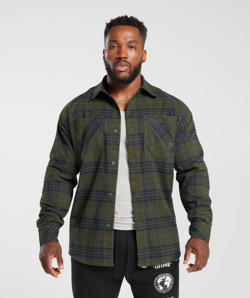 Long Sleeve Top Gymshark Check Shirt Verde Oliva | XZNLR0487