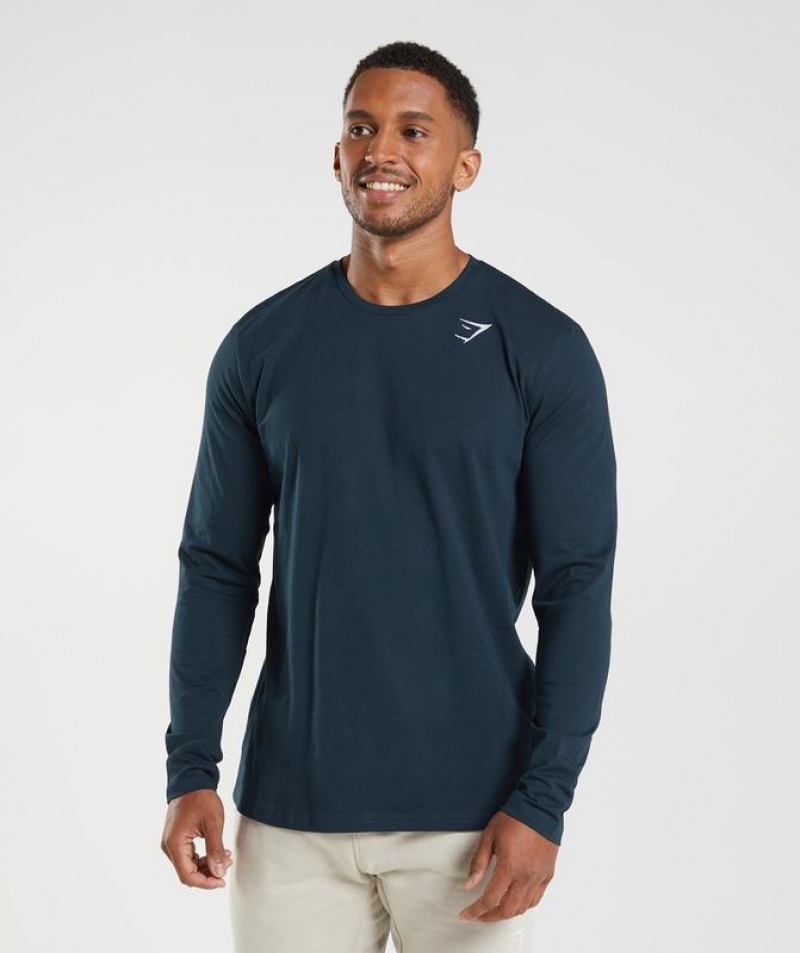 Long Sleeve Top Gymshark Crest Long Sleeve T-Shirt Azul Marino | QDLXE3420