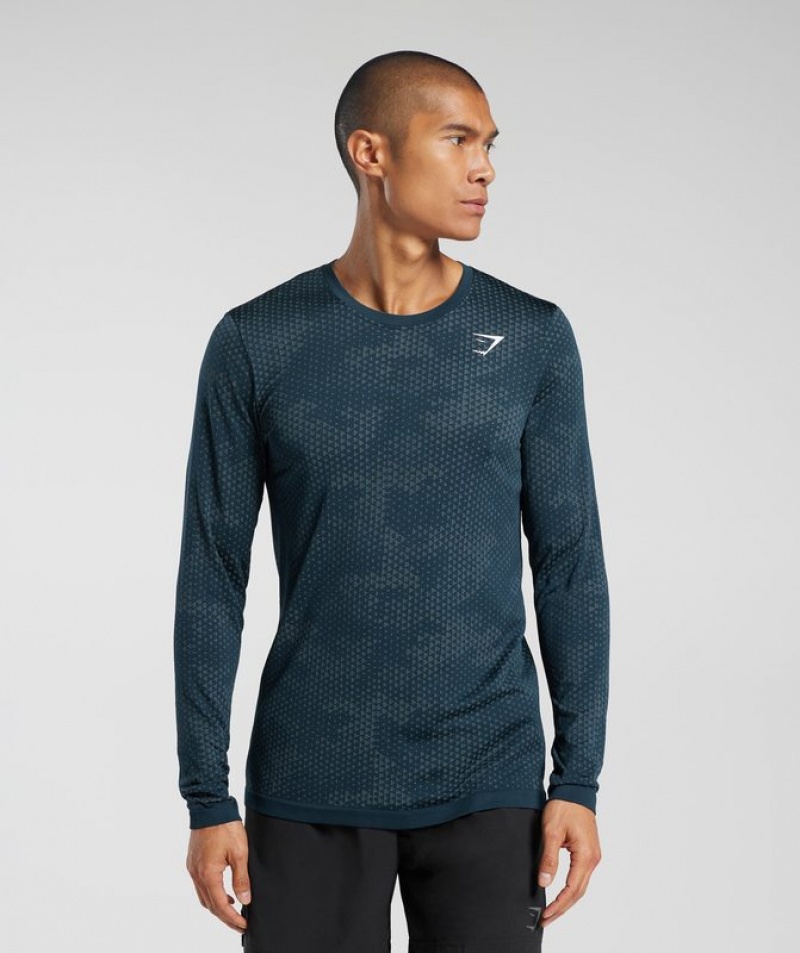 Long Sleeve Top Gymshark Deporte Seamless Long Sleeve T-Shirt Navy/Denim Teal | VNFZR0834