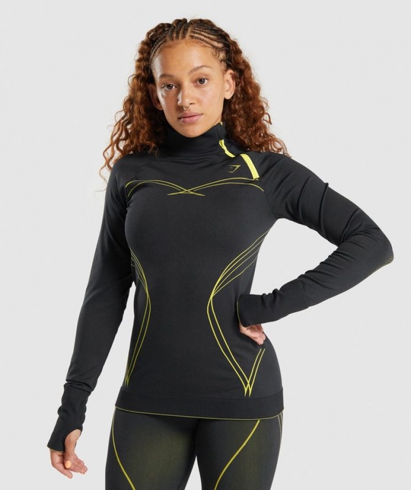 Pullovers Gymshark Apex Seamless 1/4 Zip Black/Yellow | BQFXT1386