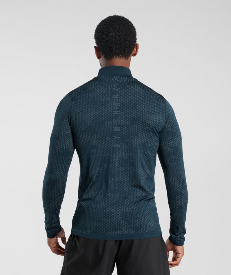 Pullovers Gymshark Deporte Seamless 1/4 Zip Navy/Denim Teal | VJMTG3582