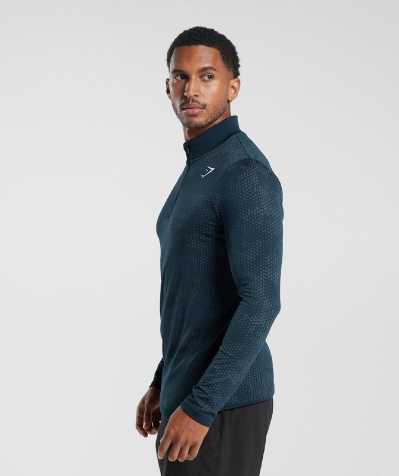 Pullovers Gymshark Deporte Seamless 1/4 Zip Navy/Denim Teal | VJMTG3582