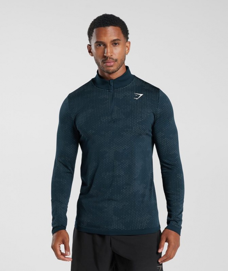 Pullovers Gymshark Deporte Seamless 1/4 Zip Navy/Denim Teal | VJMTG3582