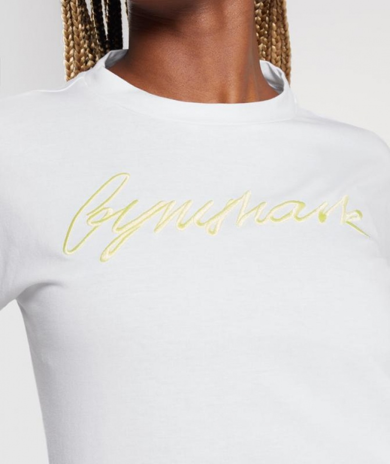 T-Shirts Gymshark Embroidered Estampadas Midi T-Shirt Blancas | UGSER4017