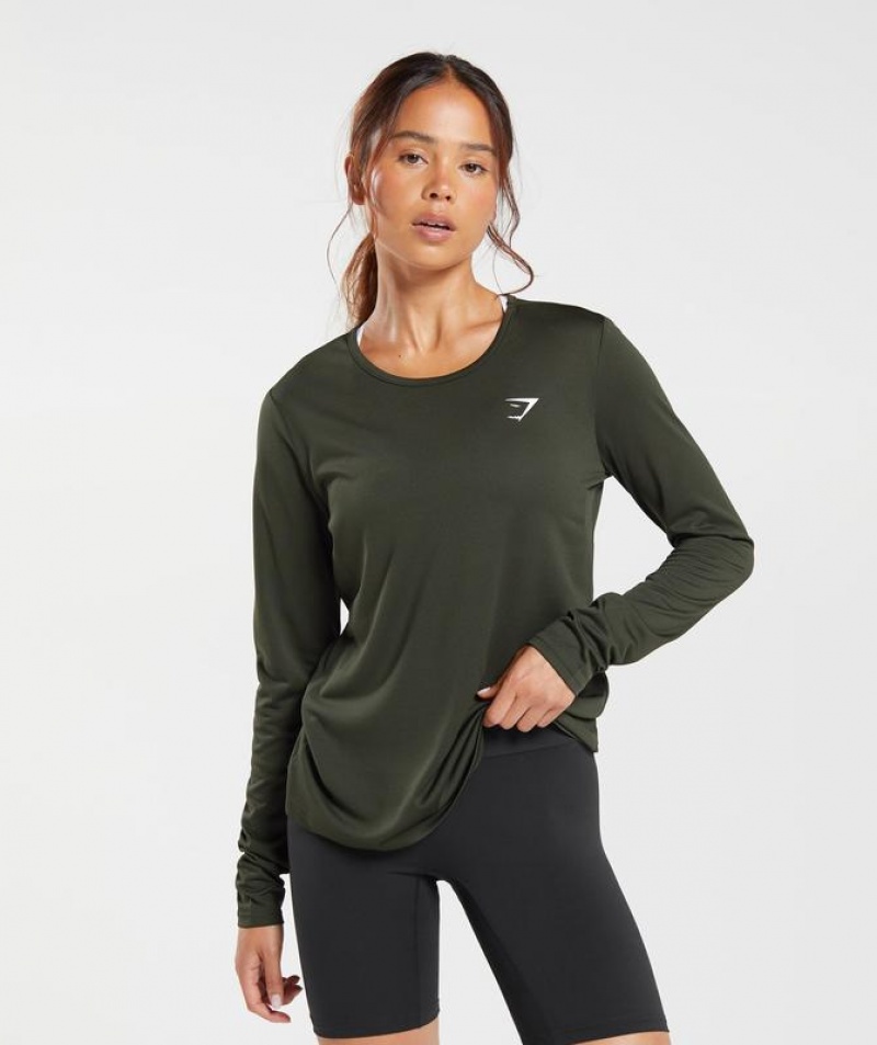 T-Shirts Gymshark Entrenamiento Long Sleeve Top Verde Oliva Oscuro Verde | RWZEL8672