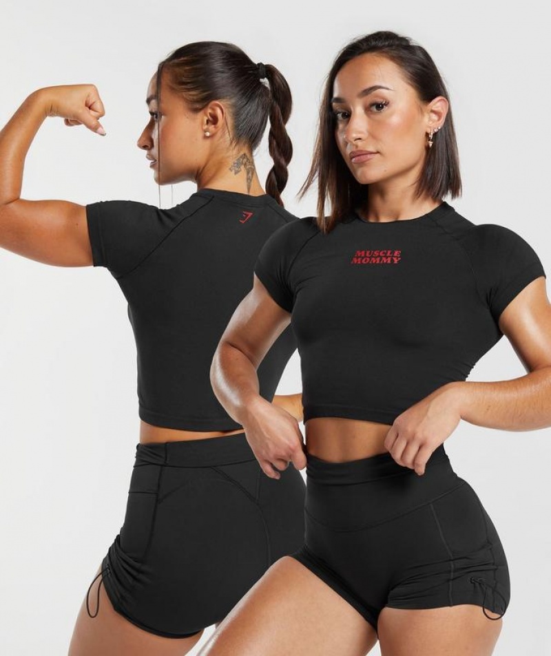 T-Shirts Gymshark Muscle Mommy Estampadas Seamless Tee Negras | RSHPA9715